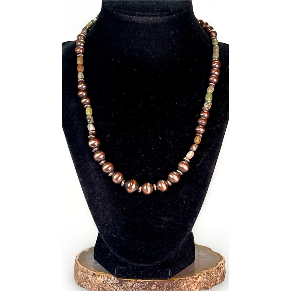 Royston Turquoise Oxidized Copper Desert Pearl 16” Southwestern Beaded Necklace - Picture 2 of 13